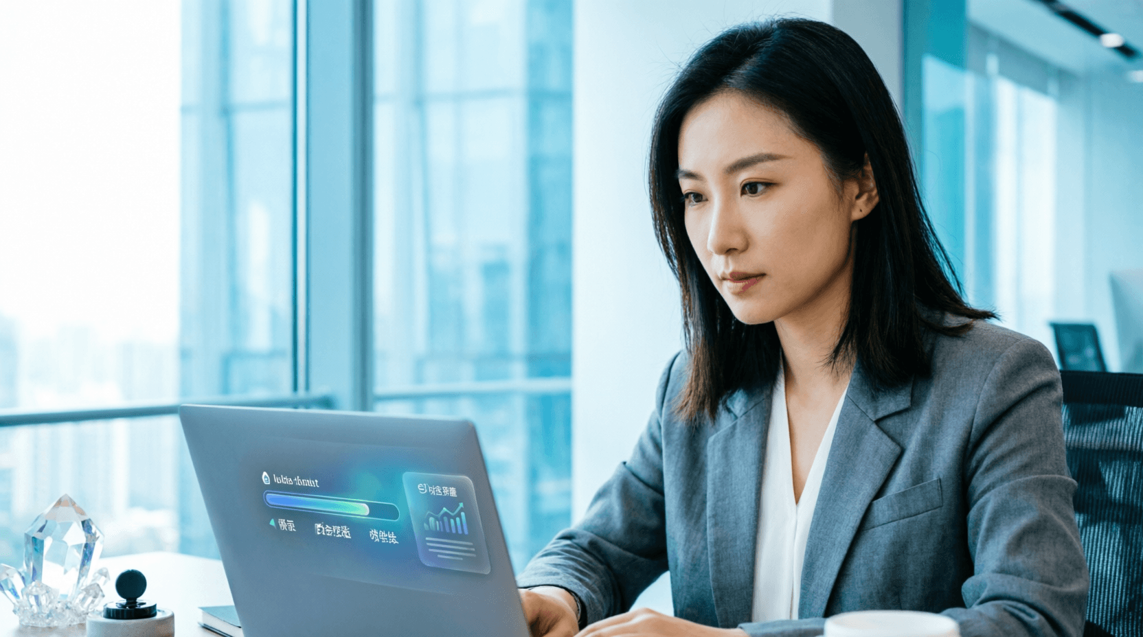 年轻女性创业者在现代办公室里近景上传 BP 并查看上传进度