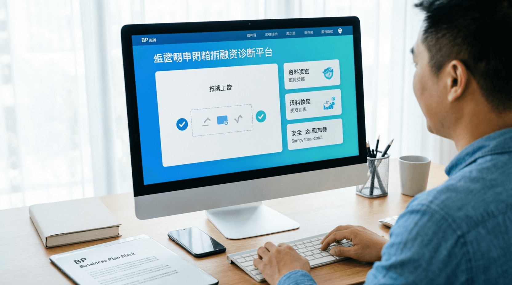 创业者在办公桌前上传商业计划书并查看上传进度