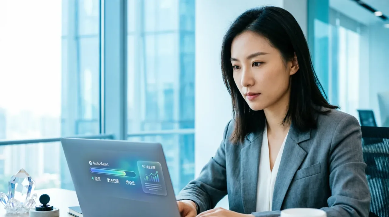 年轻女性创业者在现代办公室里近景上传 BP 并查看上传进度